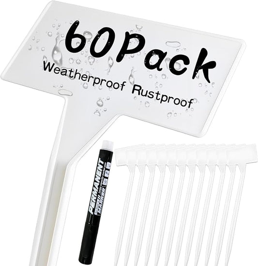Mziart Large Plant Labels for Outdoor Garden Label Stakes 60 Pack, Waterproof 12 Inch Tall T-Type Plastic Plant Tags Garden Markers for Herb Vegetables Flowers, White