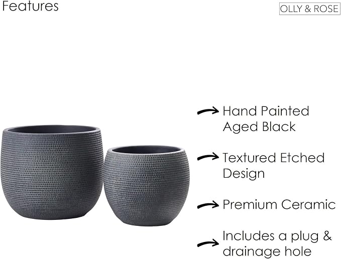 Olly & Rose Barcelona Ceramic Plant Pot Set 2 - Black Flower Pots 7" and 5.5" - Indoor & Outdoor Planters (Black)