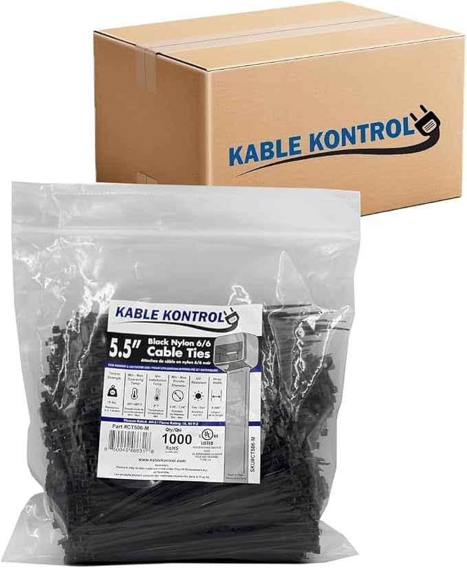Kable Kontrol Cable Zip Ties Black 30,000 Pcs 5.5 Inch, 18 Lbs Tensile Strength, Bulk Pack, Self-locking UV Resistant Plastic Nylon Wire Ties, for Indoor or Outdoor Use