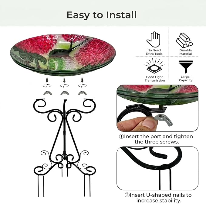 Large Bird Bath for Outside, 18" D Glass Bath Bowl with Metal Stand 28" H Standing Outdoor Birdbaths for Garden Yard Lawn Decor, Hummingbird-Red-New