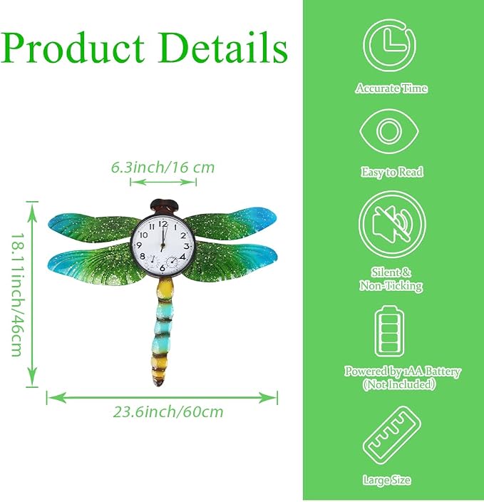 Unique Outdoor Clock Silent None-Ticking, Outdoor Wall Clock with Thermometer & Humidity, Waterproof Outside Clock for Patio, Living Room, Kitchen (Green Dragonfly)