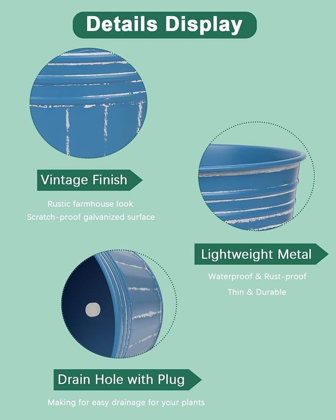 vensovo 5 Inch Galvanized Bucket Planter - 6 Pack Metal Flower Pots with Drainage Holes & Plugs, Rustic Deep Blue Tin Pots for Indoor Herbs, Outdoor Succulents, Farmhouse Home Garden Decor