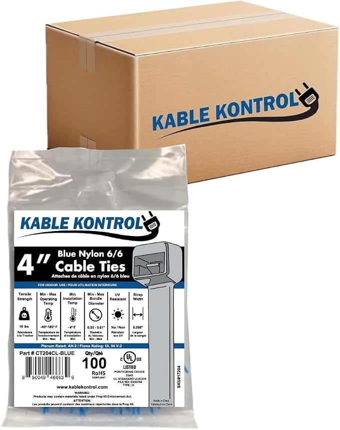 Kable Kontrol Blue Zip Ties 4 Inch 40,000 Pcs, 18 Lbs Tensile Strength, Bulk Pack, Self-locking Nylon Colored Cable Ties Wire Wraps for Indoor or Outdoor Use