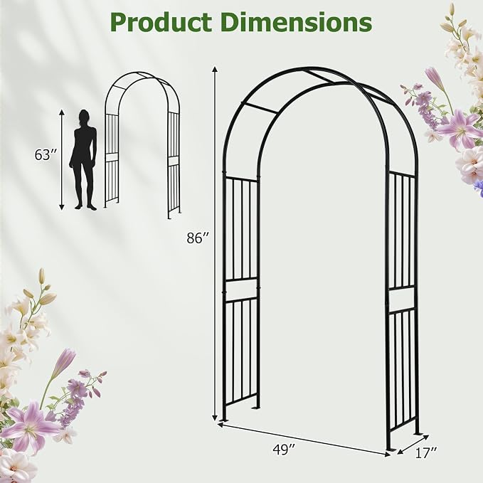 LDAILY Moccha Garden Arch Arbor Trellis, 7.2Ft Outdoor Steel Arbor with Stakes, Metal Archway for Climbing Plants, Wide Sturdy Garden Arch for Lawn, Party, Ceremony Wedding Decoration, Black