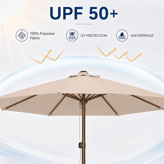 9FT Patio Umbrella, Outdoor Table Umbrella with Rope Pulley Lift, 3 Adjustable Heights, Market Umbrellas for Backyard, Pool and Deck, UPF50+