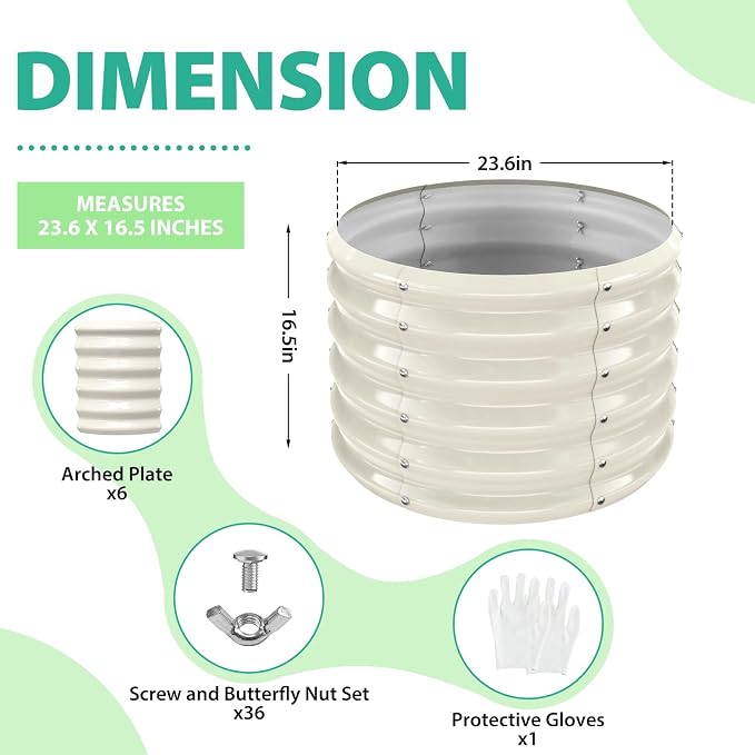 YSEJOMP 17" Tall Round Outdoor Garden Raised Garden Bed Kits-0.8MM Thick Metal Raised Planter Bed/Ground Planter Box for Variety of Flowers,Herbs,Vegetables,Trees (Cream White, 24 Dia X 16.5 inches)