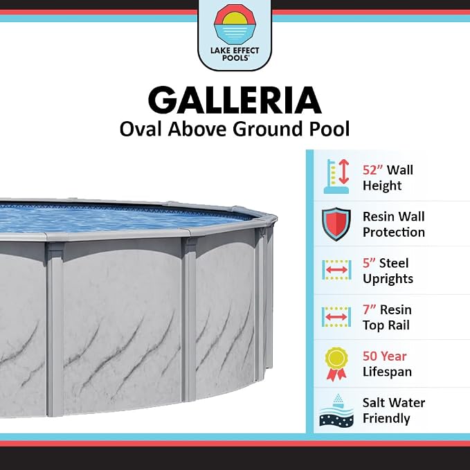 Lake Effect Pools 'Galleria' 12 ft x 18 ft Oval Above Ground Swimming Pool | 52 Inch Steel Side Walls | Kit Includes: 25 Gauge Overlap Liner & Widemouth Skimmer