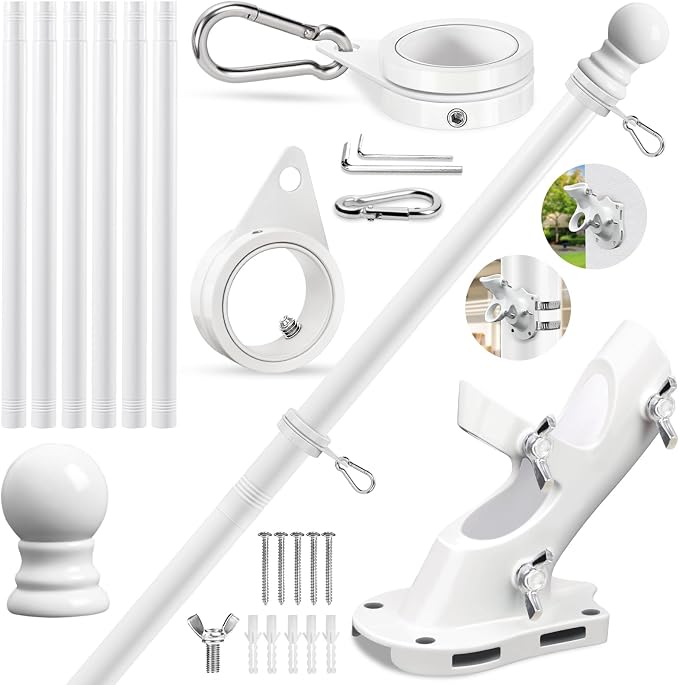 REERON Flag Pole for Outside House Porch Wall Mount, 7 FT 1" No Tangle Stainless Steel Spinning Flagpole Kit with 360° Metal Flag Pole Rings Clips & 2-Position Holder for 3x5' 4x6' American Flags