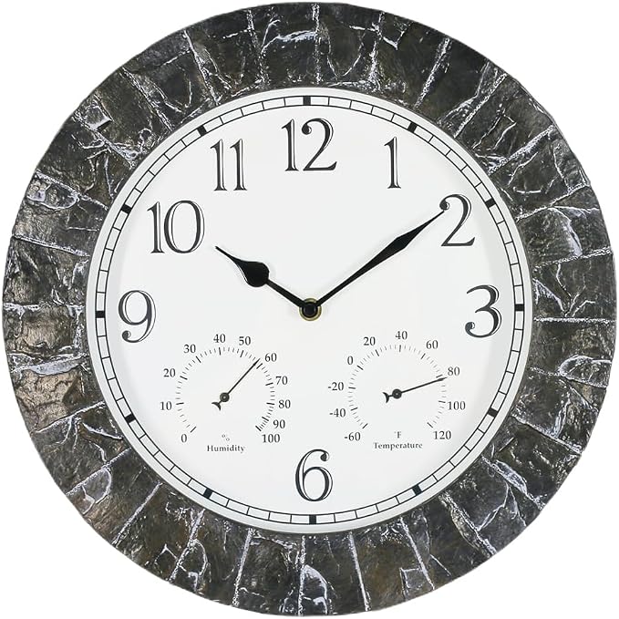 BESTIME CC-941 14-Inch Plastic Clock Slate Grain Color.Thermometer,Hygrometer.Indoor,Outdoor,Weatherproof,Weather Resistant,Ideal,Garden,Farmhouse.