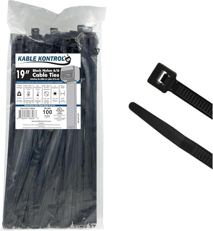 Kable Kontrol Heavy Duty Black Zip Ties - 19” Inch Long - 250 Lbs Tensile Strength - 100 Pcs/Pack - UV resistant Nylon - Multipurpose - Self-Locking Cable Management Wire Wraps