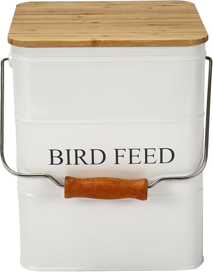 Morezi Bird Treat and Food Storage tin with Wooden lid and Scoop Included - White Powder - Carbon Steel - Birds Food bin - pet Food Container Storage Canister