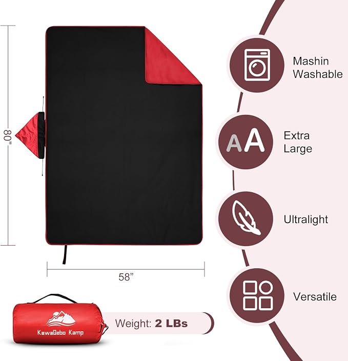 Large Waterproof Outdoor Picnic Blanket 80"x 58" | Windproof Lightweight Stadium Blanket, Packable, Stay Dry and Comfortable for Camping, Sports, Travel - Red Hooded
