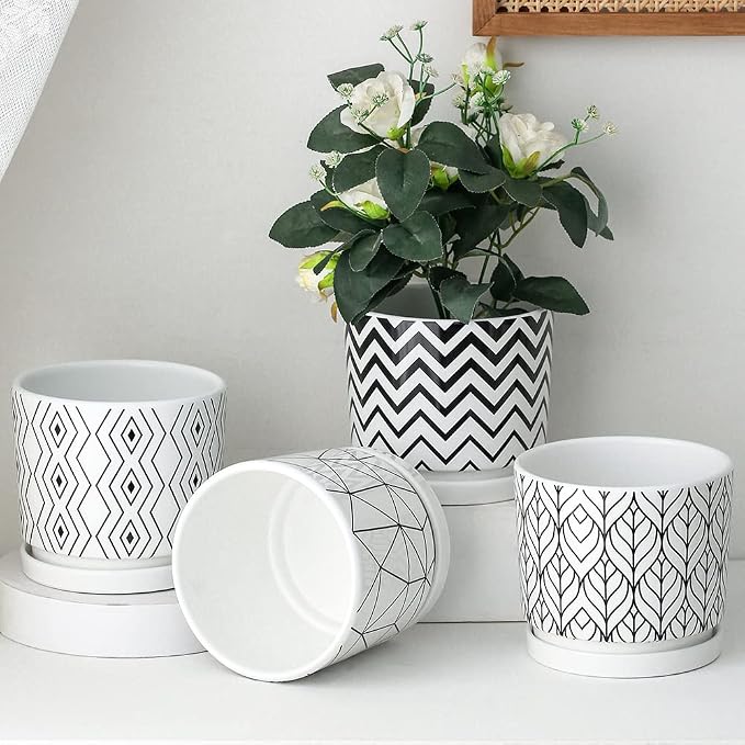 Ton Sin Plant Pots,5.5 Inch White Pots for Indoor Plants with Drainage Holes,Cylinder Flower Pot Ceramic Planters with Saucer,Cactus Succulent Outdoor Garden Pots Set of 4