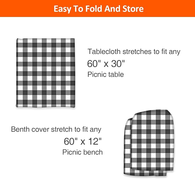 5ft Picnic Table and Bench Cover, Camping Essentials RV Gear, 60 in Waterproof Windproof Outdoor Elastic All Around Tablecloth, Fitted Rectangle Tables and Seats, Black-White Checkered
