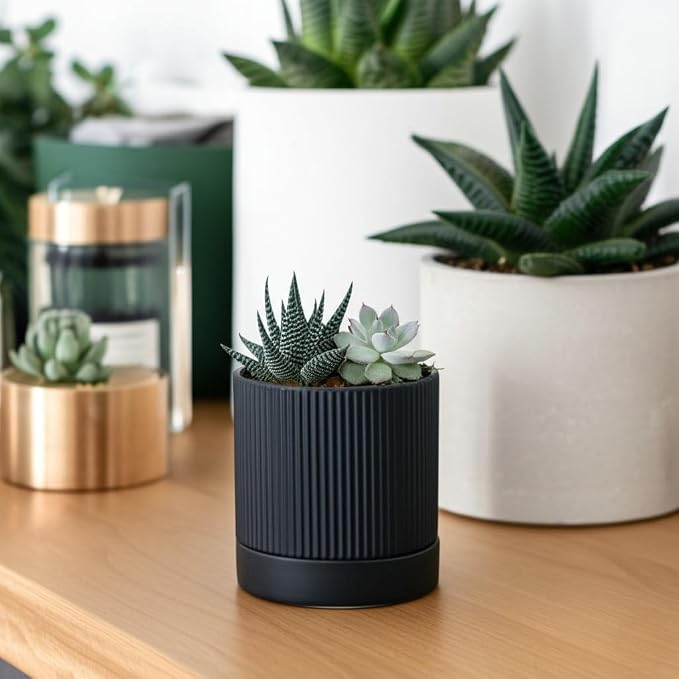 HERDUK Small Plant Pots, 4 Inch Pots for Indoor Plants, Modern Minimalist Ceramic Plant Pots with Drainage Hole & Saucer, Matte Black Set of 2