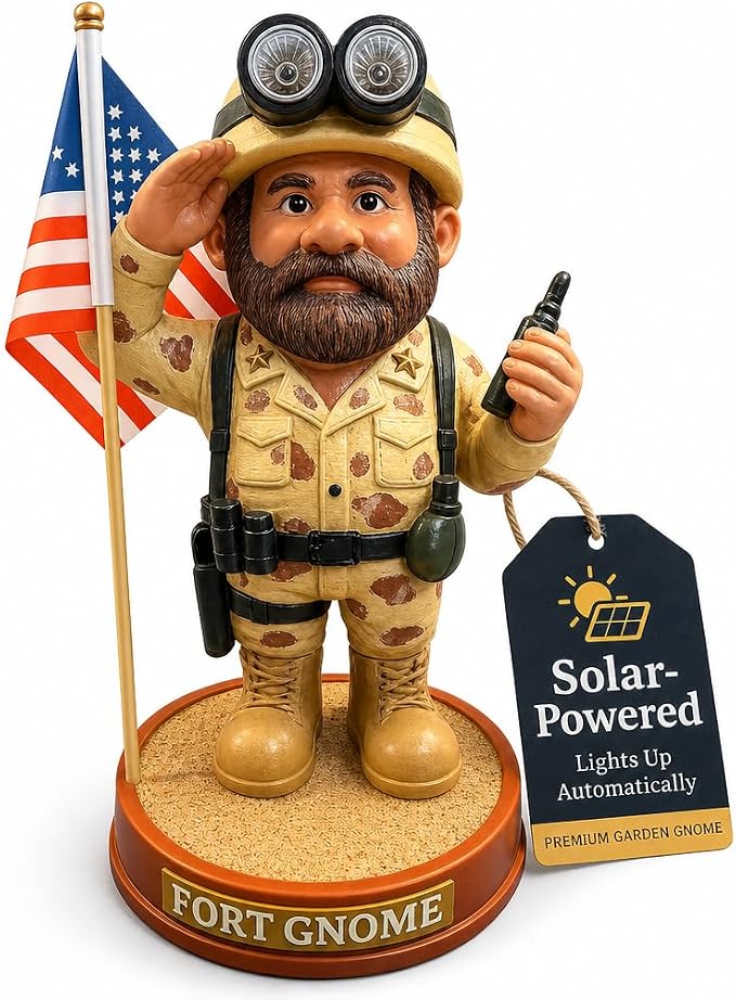 Military Garden Gnome - Patriotic Veteran Gift, 11 Inch | A saluting soldier with solar-lit goggles, for Memorial Day, Veterans Day and the 4th of July. Weatherproof resin.