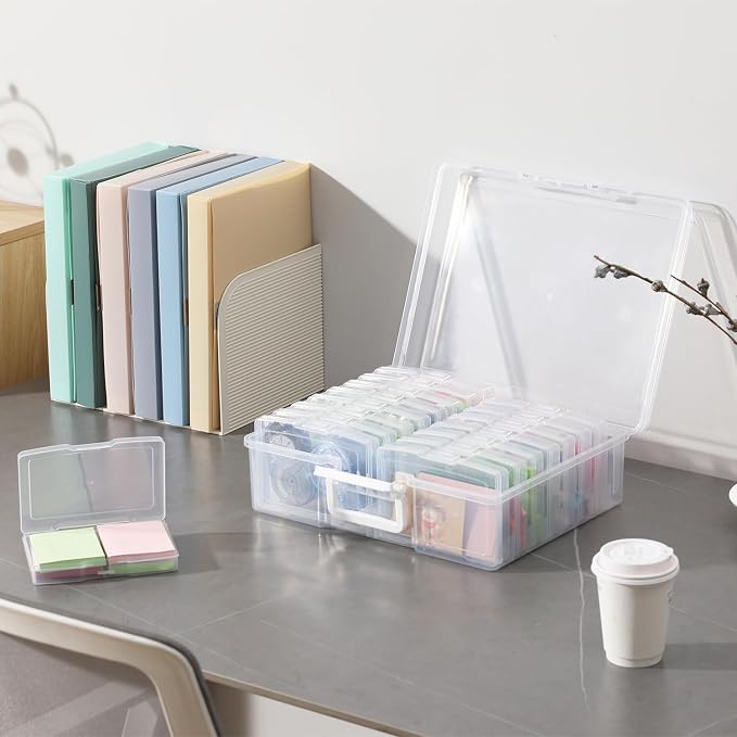PCA Photo Storage Box 4" x 6" With Handle - 16 Inner Keeper, Large Organizer, Clear Plastic Craft Case for Stickers, Stamps, Jigsaw, Vegetable Seeds