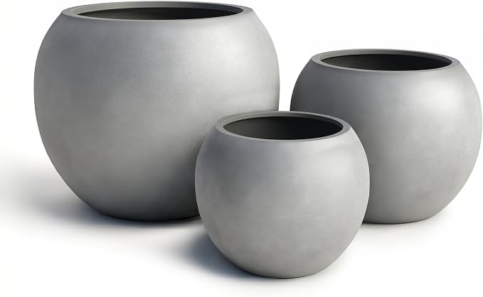 DTY Premium Mt Sherman Fiberstone Sphere Planter for Indoor Outdoor Use, Round Pot for Olive Tree, Lightweight, Smooth Finishes. 2 Extra Coco Mats. Gray, Large 21.1'' D x 16.7'' H. 14.6” Pot Opening