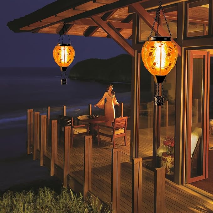 Starsoul Hot Air Balloon Solar Lantern Bee Glass Hanging Outdoor Hot Air Balloon Solar Flickering Flame Light Waterproof Garden Patio Yard Party Decorations