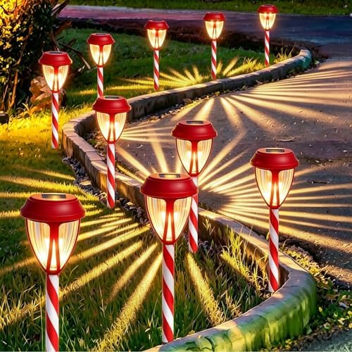 10Pack Solar Christmas Garden Lights, Outdoor Solar Powered Solar Candy Cane Pathway Markers, Waterproof & Auto On/Off Xmas Decorative Lights for Patio Yard Walkway Driveway Decor, Warm White by Dynaming