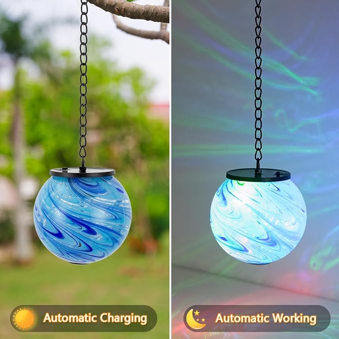Solar Hanging Lanterns Outdoor, Solar Gazing Ball Lights, Waterproof Hanging Glass Light for Garden Yard Tree Home Xmas Decoration, Blue Swirl