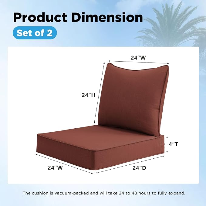Sunbrella Outdoor Deep Seat & Back Cushion Set (2-Pack), 24 x 24 Inch Water Repellent and Fade Resistant Patio Furniture with Removable Cover for Outside Sofa Couch, Canvas Henna