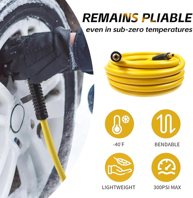 MaxWorks 80787 Hybrid Air Hose – 3/8-Inch x 25-Foot, 300 PSI – All-Weather Flexible Polymer, Kink Resistant, No-Memory Lay-Flat Design with Solid Brass Fittings & Bend Restrictors, Yellow