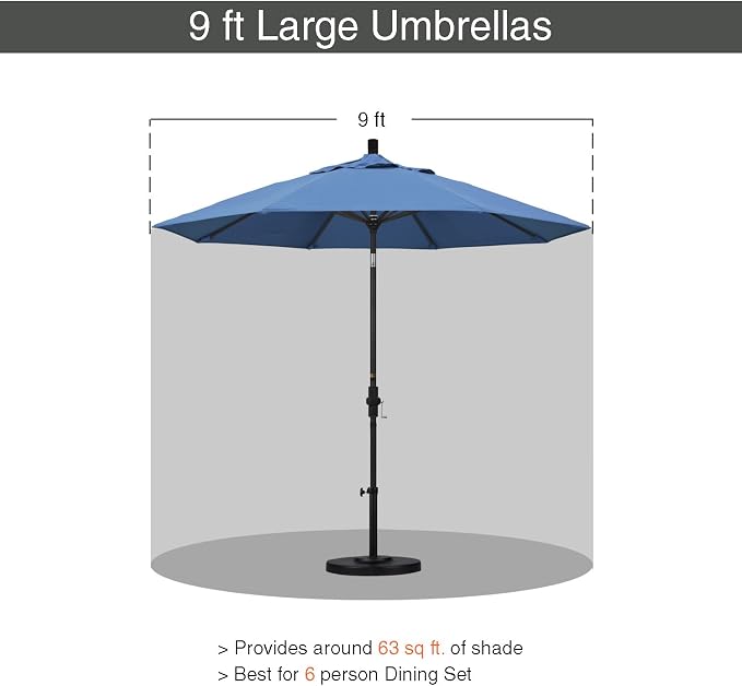 California Umbrella 9' Round Aluminum Patio Umbrella, Crank Lift, Collar Tilt, Bronze Pole, Frost Blue Olefin
