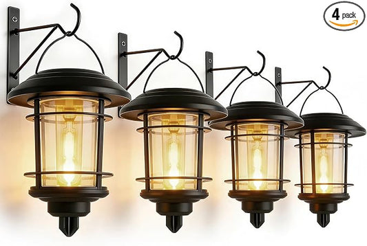 Dynaming 4 Pack Solar Lanterns Outdoor, Hanging Lantern Solar Garden Lights with Edison Bulb, Wall Mounted LED Light Auto On/Off, Waterproof for Garage Stair Patio Front Porch Yard, Warm White