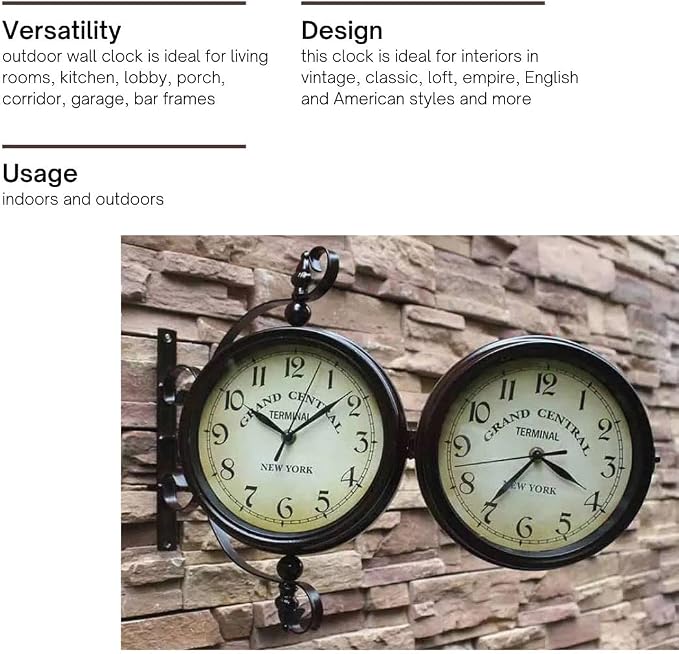 Vintage Double Sided Wall Clock Industrial Wall Clock for Outdoor Decorative Art Antique Decor Office Silent Kitchen Watches Steampunk Double Sided Mounted