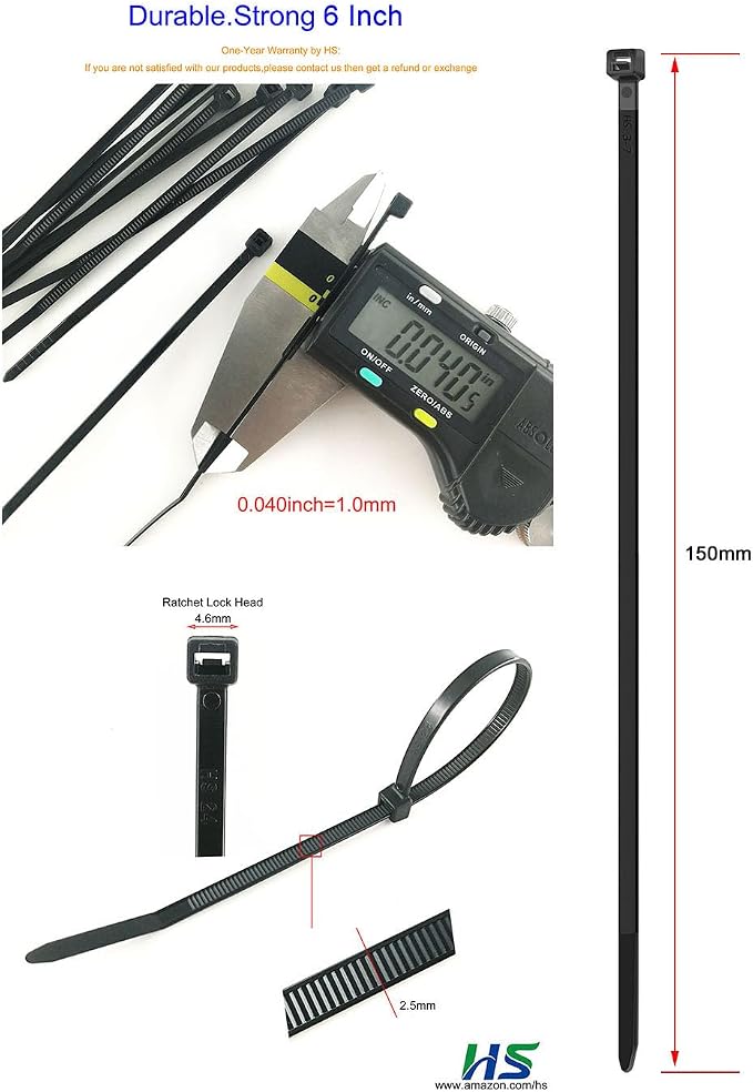 HS 6 Inch Zip Ties Black 18 Lbs Tensile Strength Thin Straps (100 Pack) Nylon PA66 UV Resistant,Self-Locking Small Electrical Plastic Cable Wire Zipties for Outdoor Indoor Use,Multi Purpose