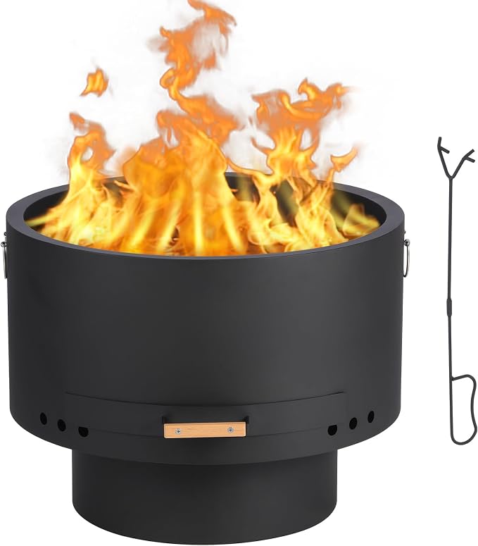 GarveeLife 26 in Smokeless Fire Pit with Removable Ash Pan, Wood Burning Firepit Table with Lid&Fire Poker,Smokeless Outdoor Fireplace with Dust Bag, Outdoor Fire Pits for BBQ, Table, Bonfire, Camping
