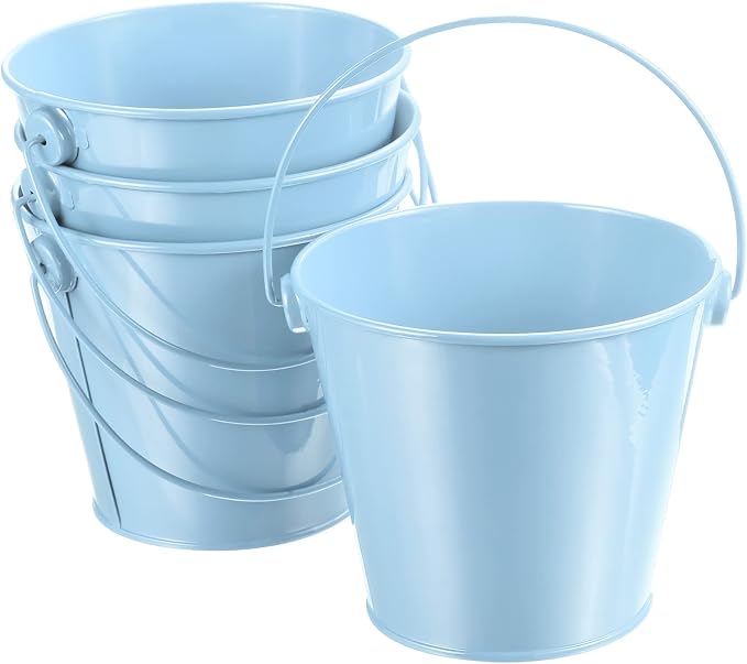 PATIKIL 4.7 Inch Colored Metal Buckets, 4 Pack Pencil Holder Buckets Round Metal Planter Pails Container with Handles for Classroom Crafts, Light Blue