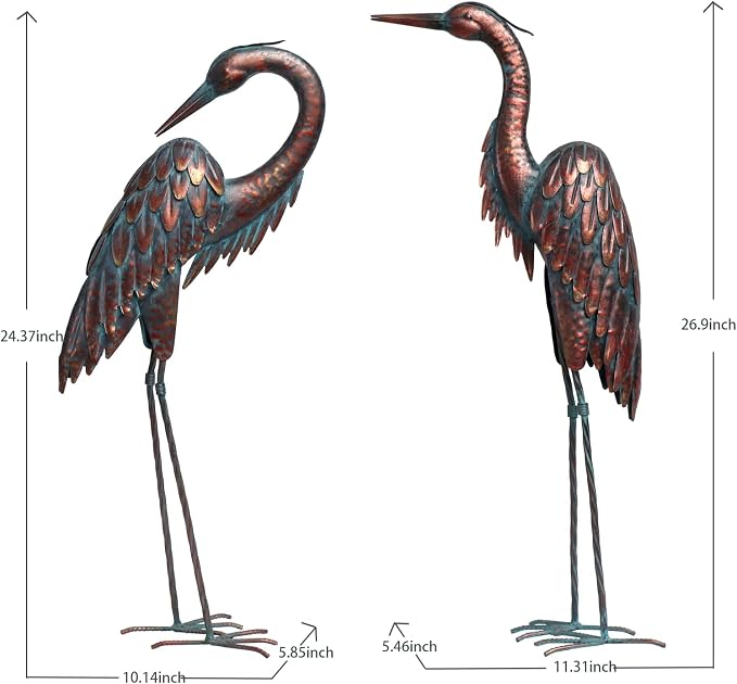 Kircust Outdoor Metal Crane Statues, Heron Sculptures for Garden Yard | Bronze 27.56" Tall, Set of 2 Heron Sculptures, Weatherproof, Patio Decor, Art