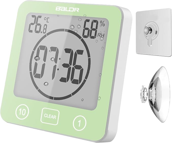 Digital Timer Waterproof Wall Clock, Kitchen Countdown Timer, Shower Clock with Temperature Humidity, Mirror Suction Cup Bathroom Timer, Wall Hanging for Bath Spa Basement Swimming Pool (Green)