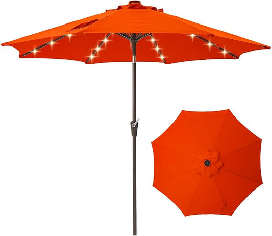9FT Solar-Powered LED Patio Umbrella with Tilt Crank,Outdoor Market Umbrella with 32 Lights,Sunshade for Deck, Garden and Pool