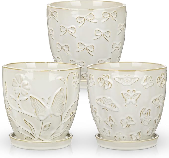 Hollyone Set of 3 White Ceramic Planter 6 Inch Flower Plant Pot with Drainage Hole and Saucer for Plants Embossed Indoor Outdoor Garden Embossed Ceramic Glazed Round Pot for Succulent Orchid