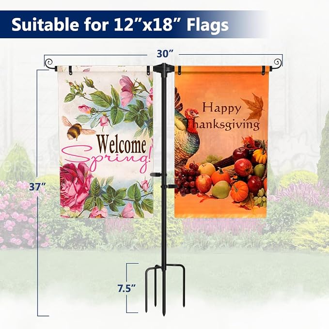 Garden Flag Stand Holder w/4-Prong Base, 3/4 Inch Extra Thick Heavy Duty Yard Flag Holder for Double Small Flags 12x18, Garden Flag Pole for Outside Patio Decor