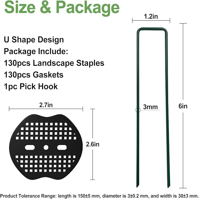 Landscape Staples 6Inch 130Pcs Garden Stakes + 130pcs Gasket, Lawn Pins with Spray Coating Craft,11Gauge Anti-Rust Ground Yard Spikes Anchoring for Outdoor Tents Irrigation Hoses (Green)