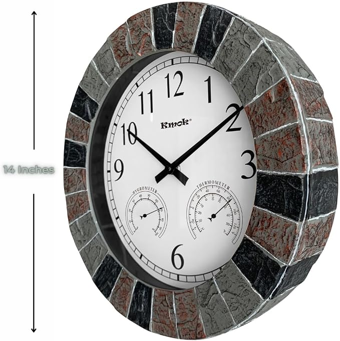 13.5" Faux Slate Wall Clock with Thermometer/Hygrometer | Waterproof, Silent, Indoor/Outdoor, Battery Operated, Grey/Red/Black Frame