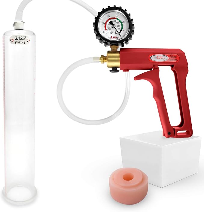 LeLuv Penis Pump Maxi Red Handle + Protected Gauge - Bundle with Clear Hose, Silicone Donut Seal - 12 inch Length x 2.125 Inch Diameter Cylinder
