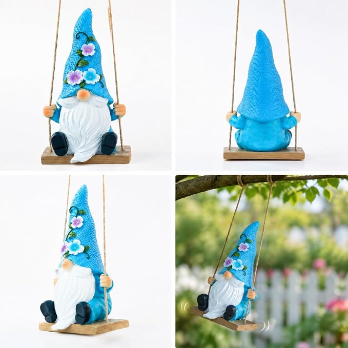 Hanging Garden Gnomes Outdoor Decor, Funny Gnome on Swing Figurine for Yard Tree, Miniature Whimsical Fairy Garden Ornament & Spring Gifts for Women, Resin Sculpture