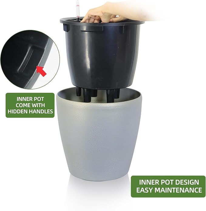 Dexceder 15x14 Self Watering Planter with Wheels (Grey Gold Crackle) | Inner Pot Design, Thickened Large Floor Standing Flower Plant Pot with Water Level Indicator Indoor Outdoor