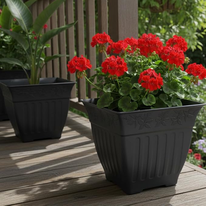 BTPLASTIK 18 inch Large Square Planter for Plants - 4 Pack Decorative Black Plastic Flower Pots with Drainage Holes & Raised Base, 14 Gallon Vintage Garden Pot for Outdoor, Patio, Porch (15" Tall)