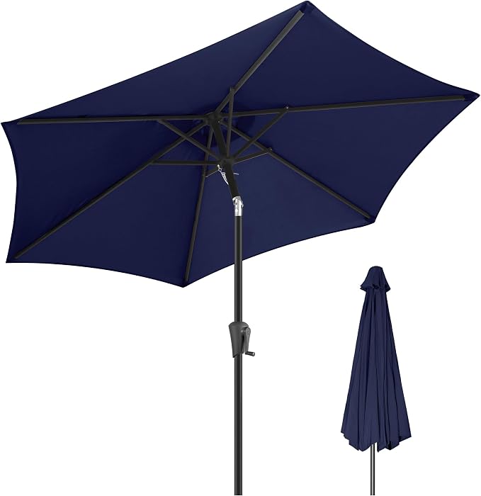 FLAME&SHADE 9ft Patio Umbrella Outdoor - Table Umbrella with Push Button Tilt and Crank, UV Protection, 6 Sturdy Ribs, Market Umbrella for Garden, Deck, Backyard, Lawn, Pool and Beach(Navy Blue)