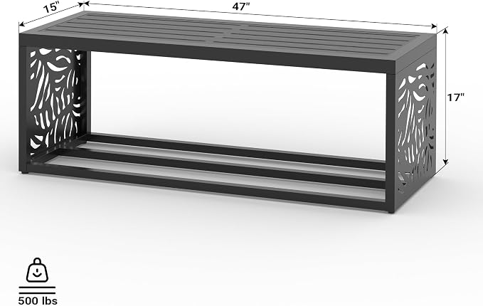 47" Outdoor Garden Bench with Storage Shelf, Modern Black Entryway Bench, Wood-Grain HDPE Seat, Galvanized Steel Frame with Powder Coating for Porch, Yard, Patio, Summer