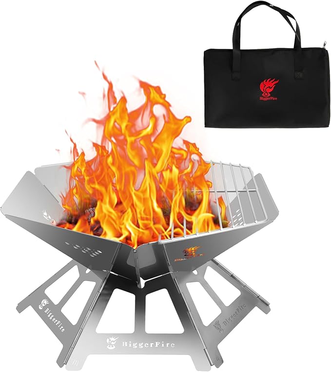 Foldable Portable Fire Pit,Stainless Steel Fire Pits with Charcoal Grill Net and Storage Bag,Camping Fire Pit Grill for Patio Outdoor Barbecue Campfire Bonfire (Large)