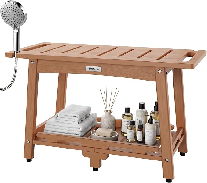 28" Extra Large Shower Bench, HDPE Waterproof Shower Chairs Seat, Adjustable and Non-Slip Feet, Shower Stool for Inside Shower to Sit On, Indoor/Outdoor Use, As Porch Bench, Garden Entryway, Teak