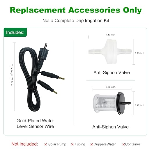 Replacement Accessories for Solar Drip Irrigation System, Anti-Siphon Valve, Gold-Plated Water Level Sensor Wire & Filter for Automatic Plant Watering Kit, Not a Complete Kit