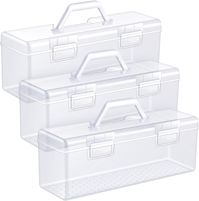 Threehoney 3 Pcs Acrylic Paint Storage Box for 2 Fl. oz Acrylic Paints, Portable Craft Art Organizer with Handle, 30 Bottles Capacity Plastic Art Supply Clear Boxes (White)